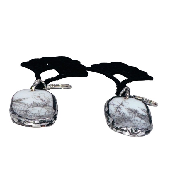 Broken China Chandelier Earrings Artisan Brutalist Glam Bezels & Faux Leather - Picture 11 of 15